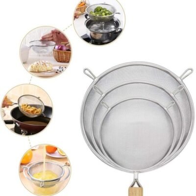 {PACK OF 3} Strainer Stainless Steel Colander Sieve With Wooden Handle